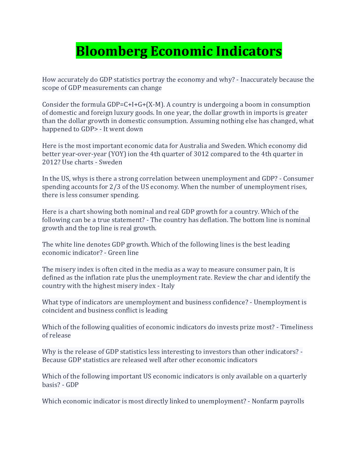 Preview of Bloomberg Economic Indicators Questions And Answers